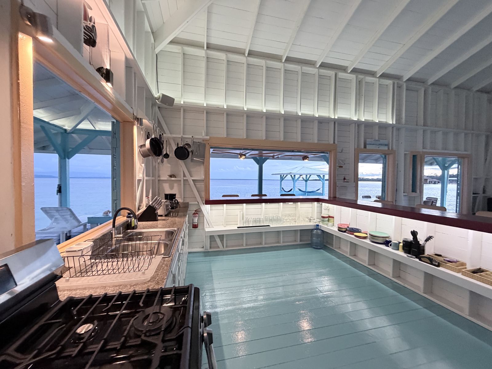 Bright open kitchen at Casa Clearwater with water views